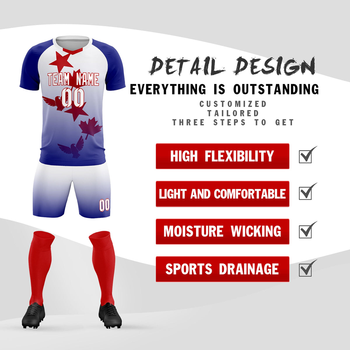 Custom Royal White World Cup Inspired Lightweight&amp;Drapable Training Uniform Gradient Fashion Soccer Sets Jersey