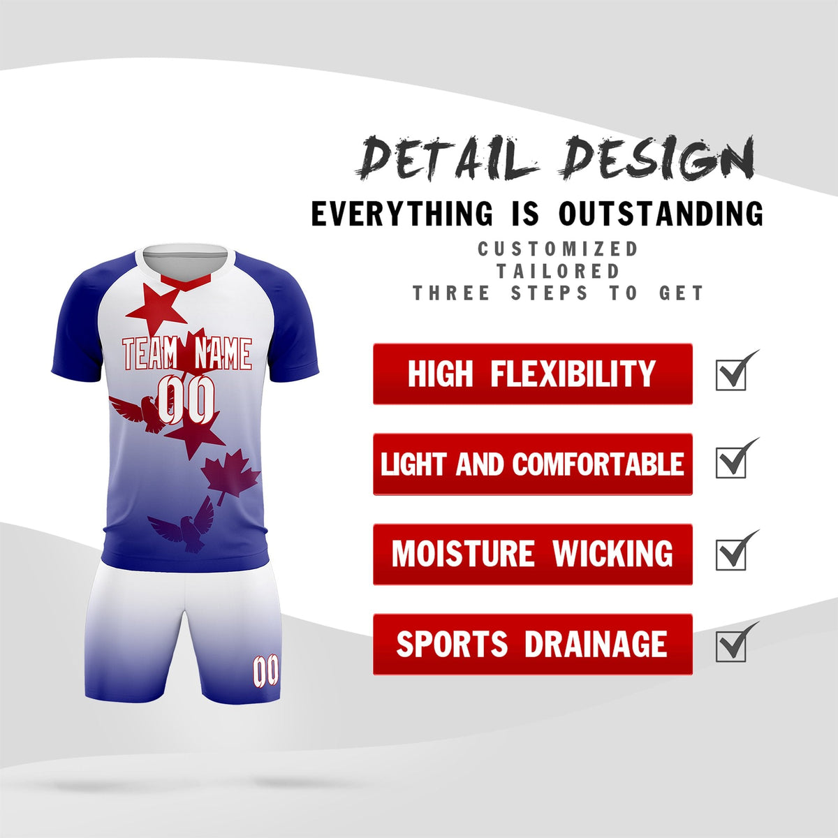 Custom Royal White World Cup Inspired Lightweight&amp;Drapable Training Uniform Gradient Fashion Soccer Sets Jersey