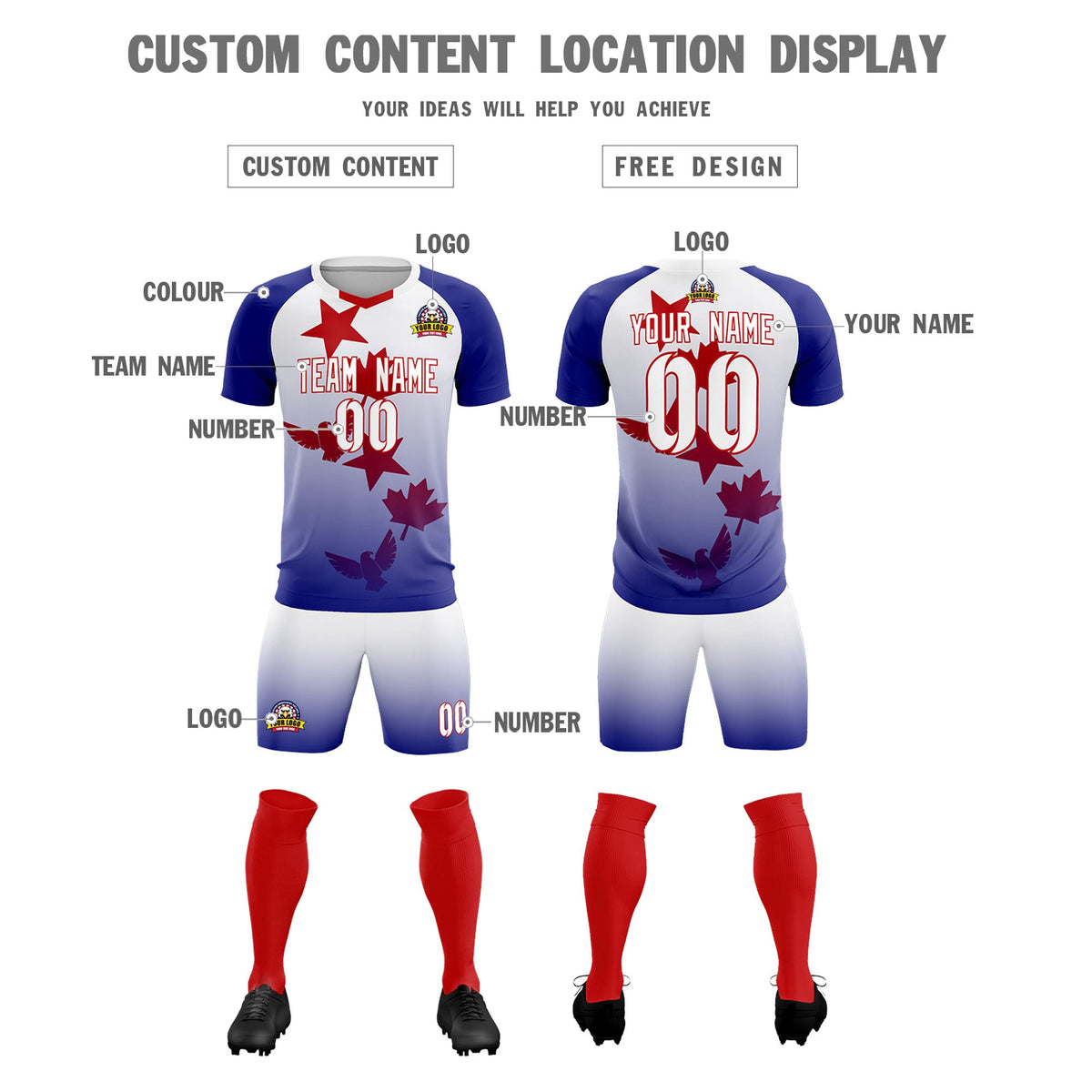 Custom Royal White World Cup Inspired Lightweight&amp;Drapable Training Uniform Gradient Fashion Soccer Sets Jersey