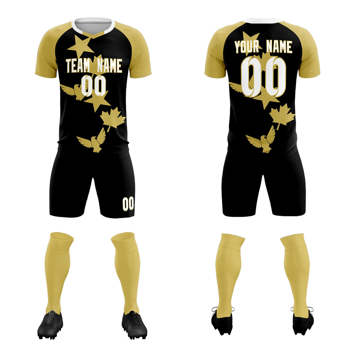 Custom Old Gold Black World Cup Inspired Wrinkle-Resistant Training Uniform Raglan Sleeve Soccer Sets Jersey
