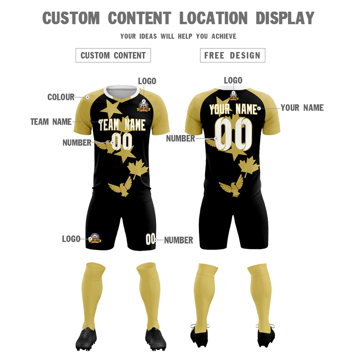 Custom Old Gold Black World Cup Inspired Wrinkle-Resistant Training Uniform Raglan Sleeve Soccer Sets Jersey