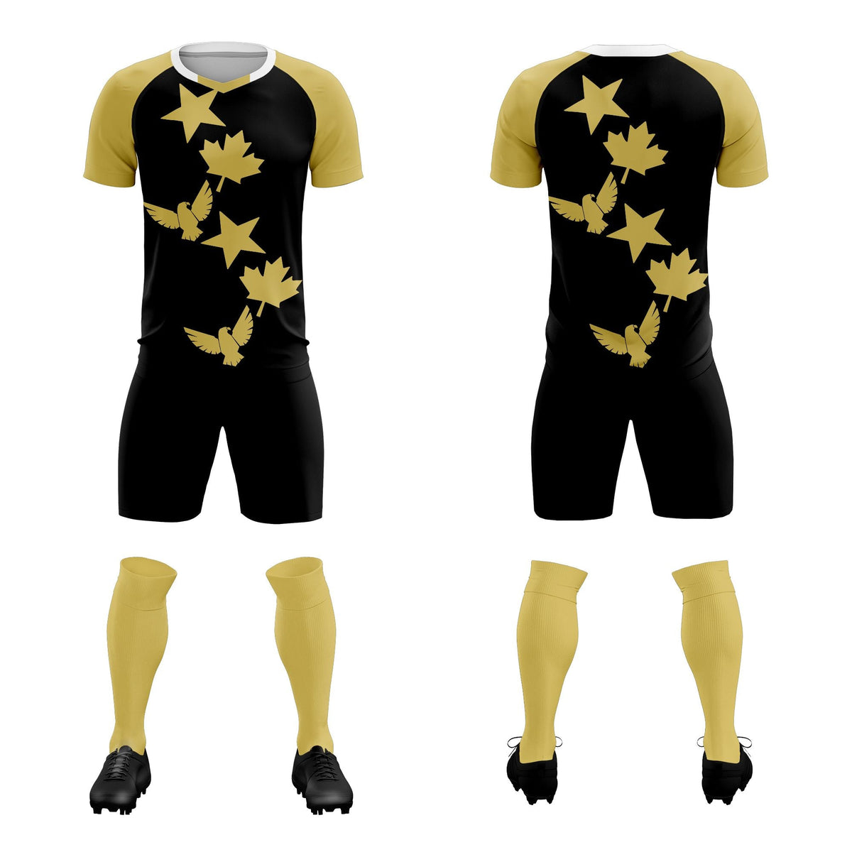 Custom Old Gold Black World Cup Inspired Wrinkle-Resistant Training Uniform Raglan Sleeve Soccer Sets Jersey