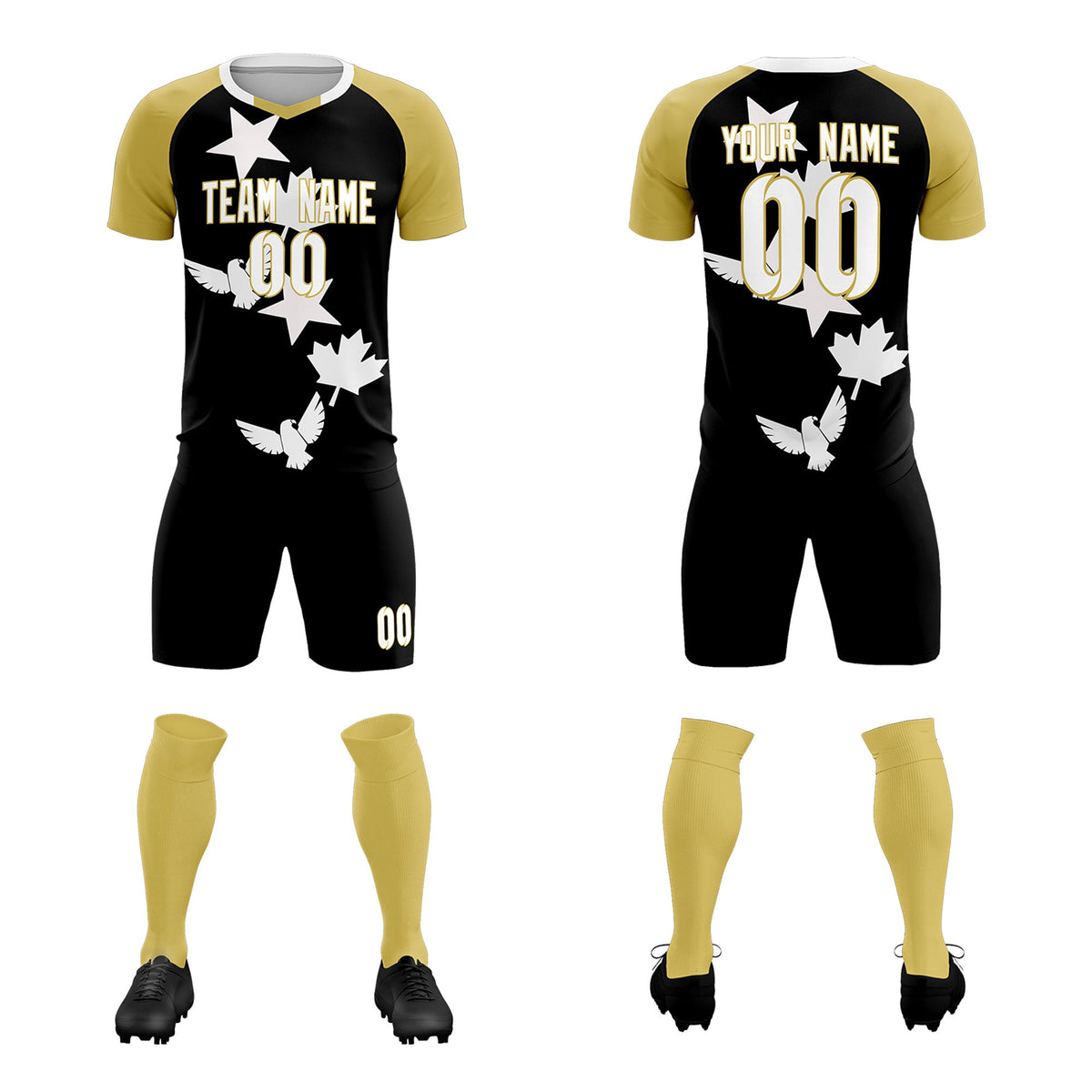 Custom Old Gold Black World Cup Inspired Quick-Drying Training Uniform Raglan Sleeve Soccer Sets Jersey