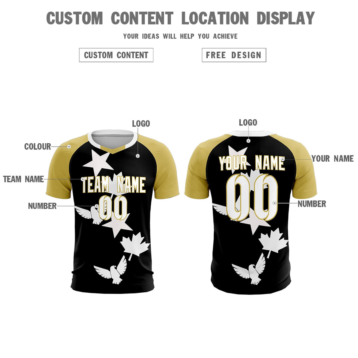 Custom Old Gold Black World Cup Inspired Quick-Drying Training Uniform Raglan Sleeve Soccer Sets Jersey