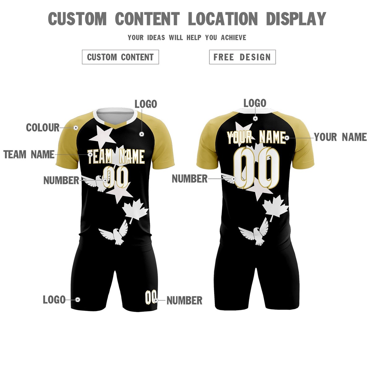 Custom Old Gold Black World Cup Inspired Quick-Drying Training Uniform Raglan Sleeve Soccer Sets Jersey