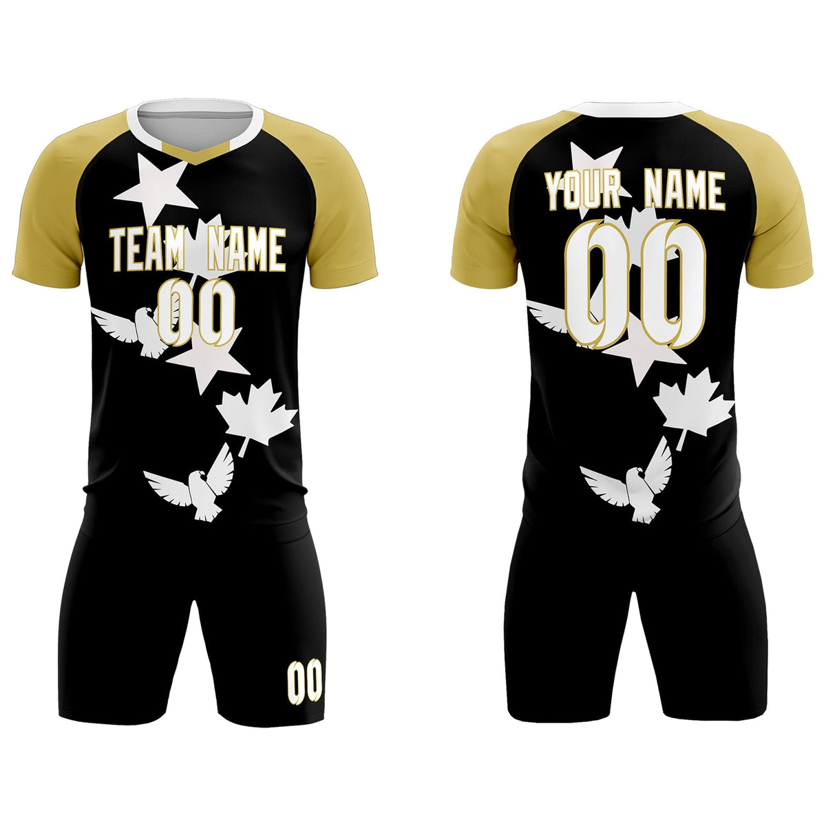 Custom Old Gold Black World Cup Inspired Quick-Drying Training Uniform Raglan Sleeve Soccer Sets Jersey