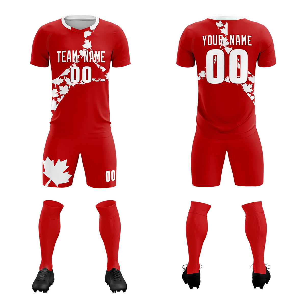 Custom Red White Canada Maple Leaves World Cup Inspired Breathable Graffiti Pattern Soccer Sets Jersey