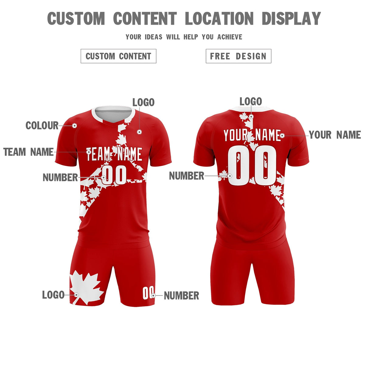 Custom Red White Canada Maple Leaves World Cup Inspired Breathable Graffiti Pattern Soccer Sets Jersey