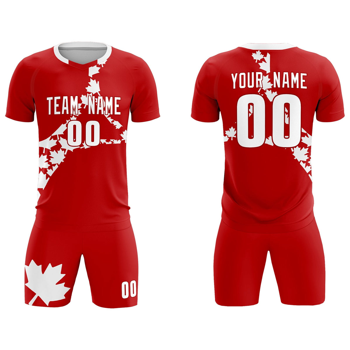 Custom Red White Canada Maple Leaves World Cup Inspired Breathable Graffiti Pattern Soccer Sets Jersey