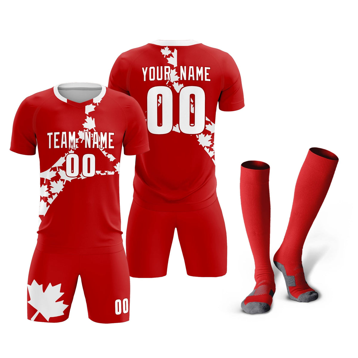 Custom Red White Canada Maple Leaves World Cup Inspired Breathable Graffiti Pattern Soccer Sets Jersey