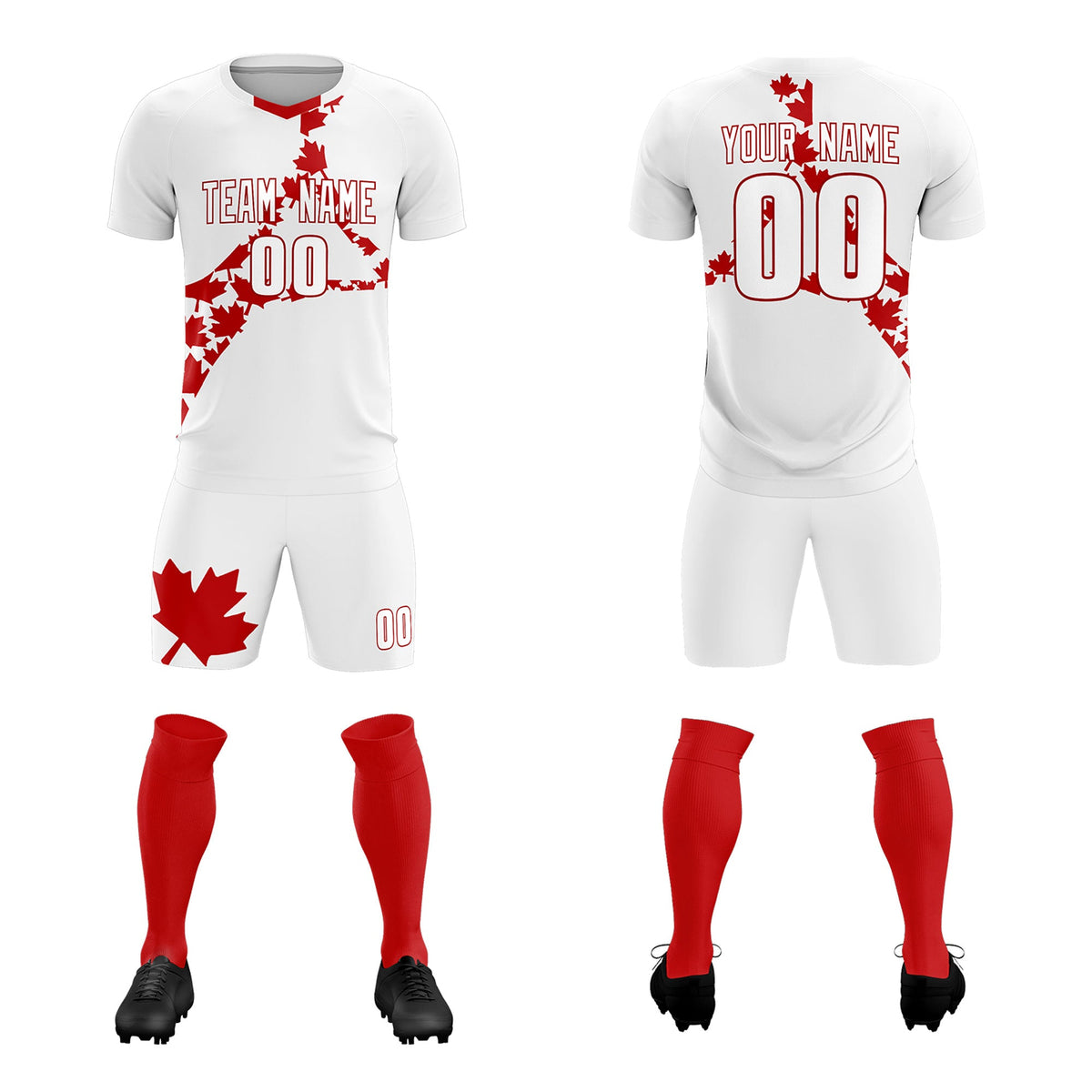 Custom White Red Canada Maple Leaves World Cup Inspired Quick-Drying Graffiti Pattern Soccer Sets Jersey