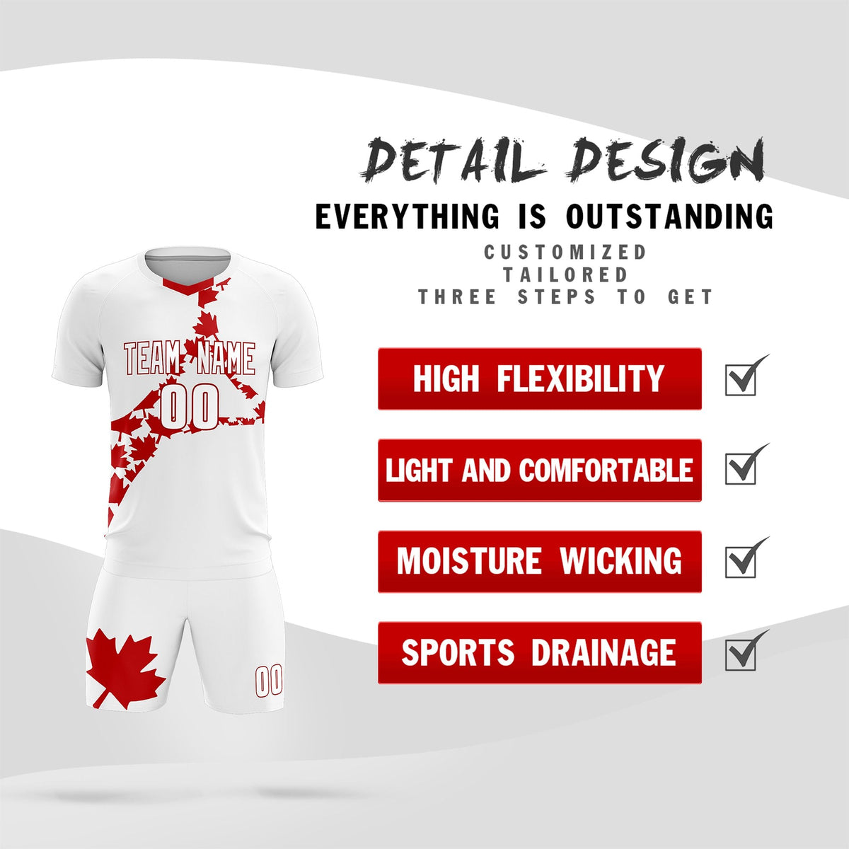 Custom White Red Canada Maple Leaves World Cup Inspired Quick-Drying Graffiti Pattern Soccer Sets Jersey