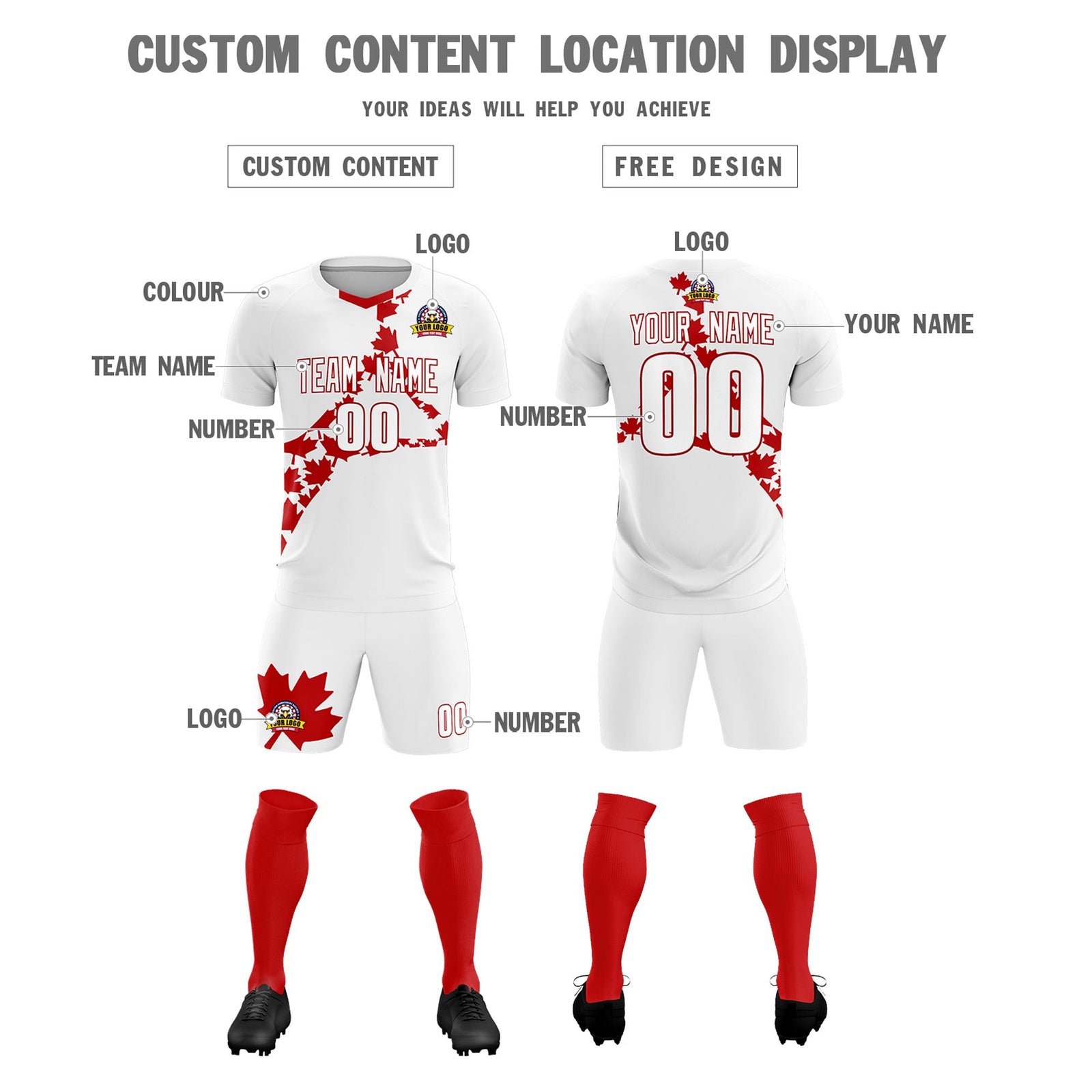 Custom White Red Canada Maple Leaves World Cup Inspired Quick-Drying Graffiti Pattern Soccer Sets Jersey