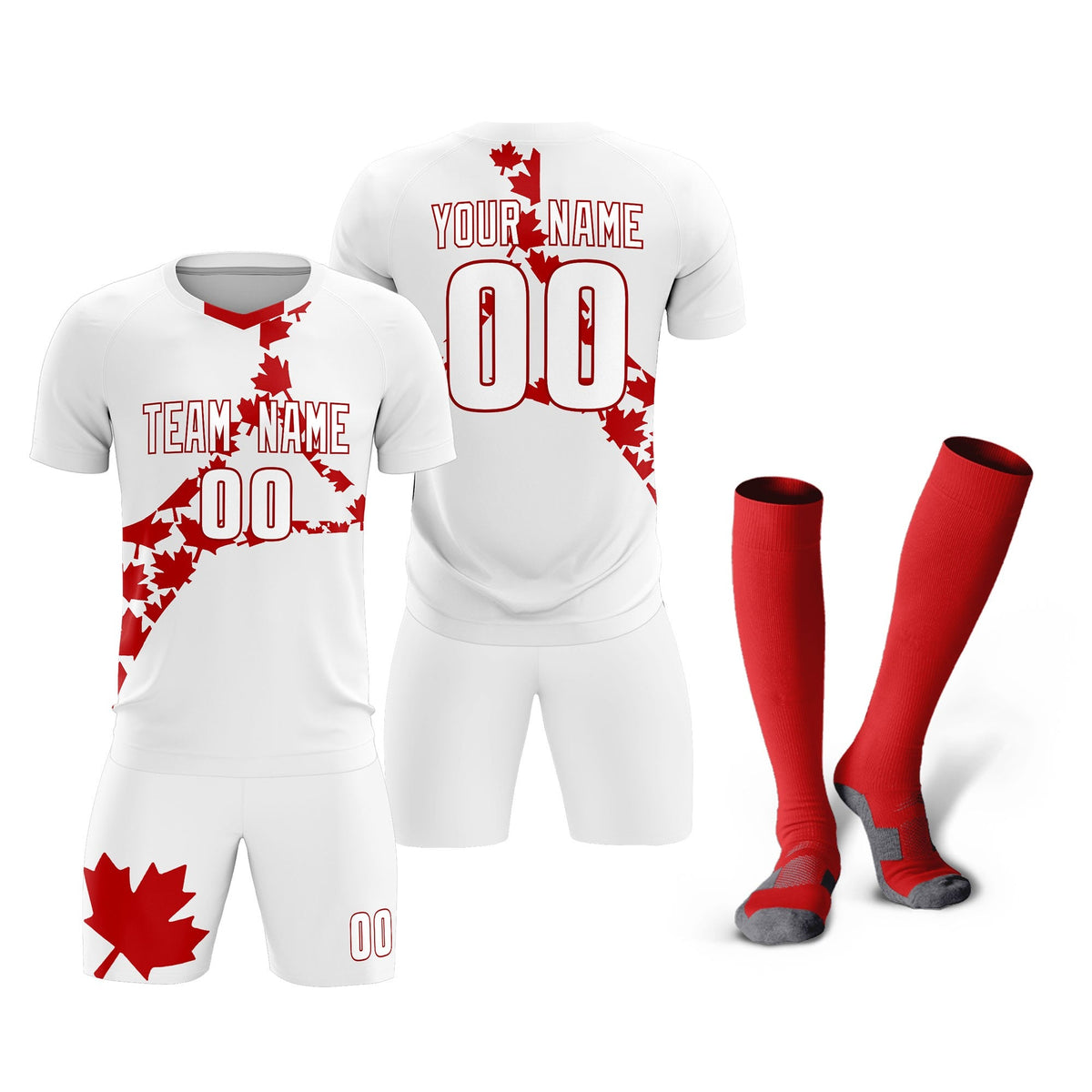 Custom White Red Canada Maple Leaves World Cup Inspired Quick-Drying Graffiti Pattern Soccer Sets Jersey