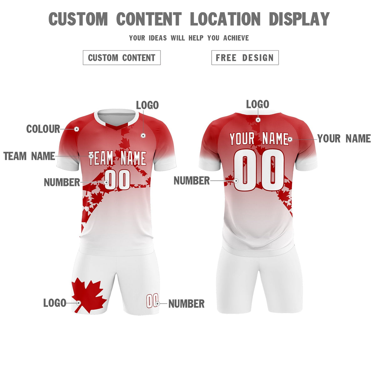 Custom Red White Canada Maple Leaves World Cup Inspired Lightweight Gradient Fashion Soccer Sets Jersey