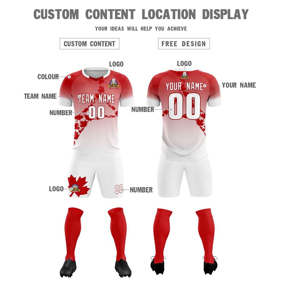 Custom Red White Canada Maple Leaves World Cup Inspired Lightweight Gradient Fashion Soccer Sets Jersey