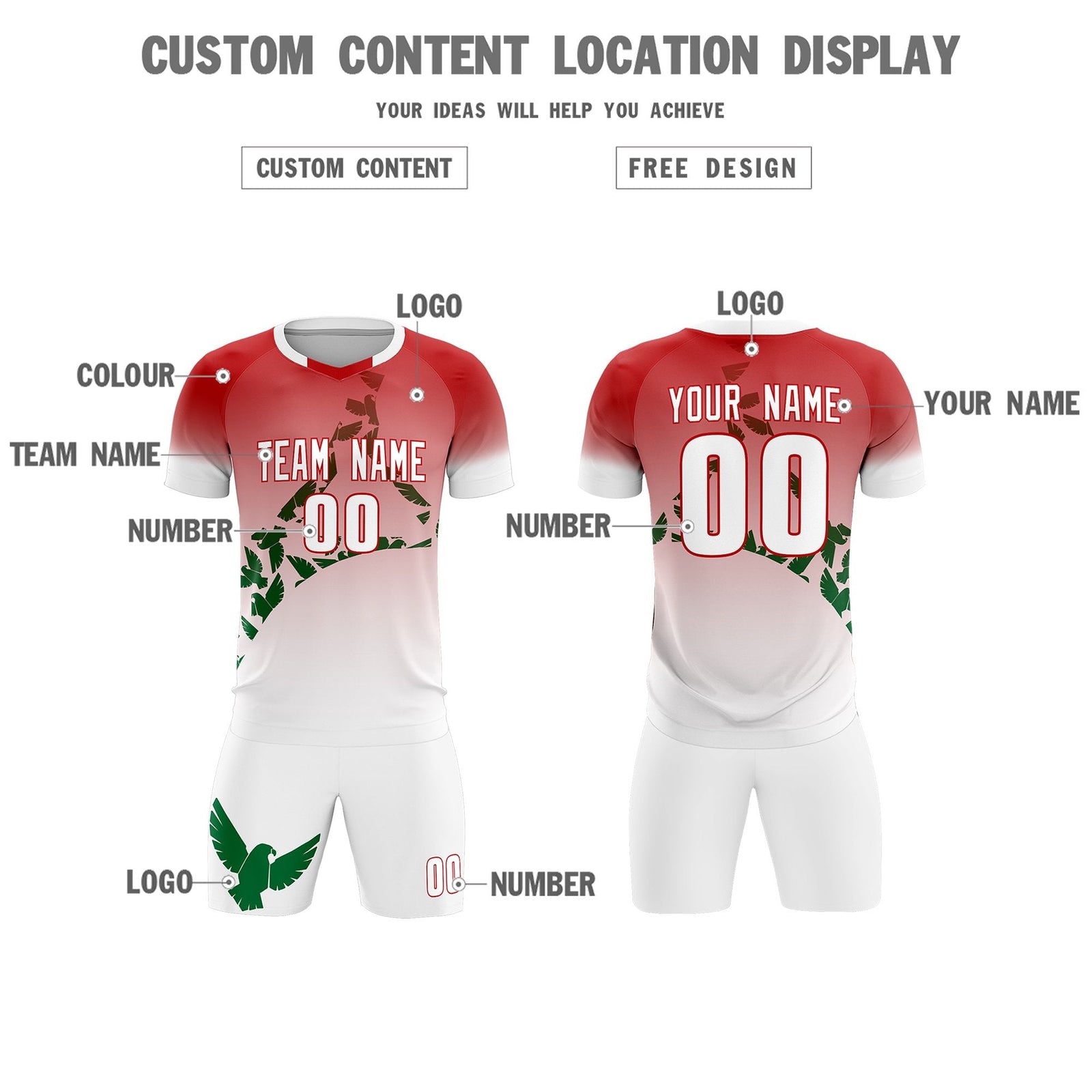 Custom Red Kelly Green Mexico Eagle World Cup Inspired Breathable Gradient Fashion Soccer Sets Jersey