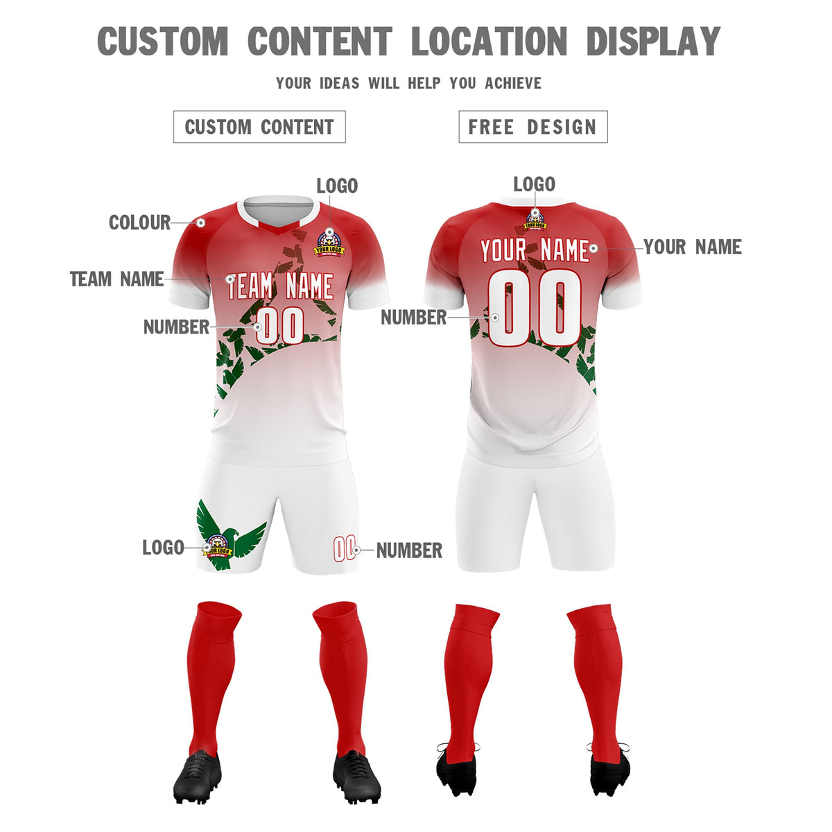 Custom Red Kelly Green Mexico Eagle World Cup Inspired Breathable Gradient Fashion Soccer Sets Jersey