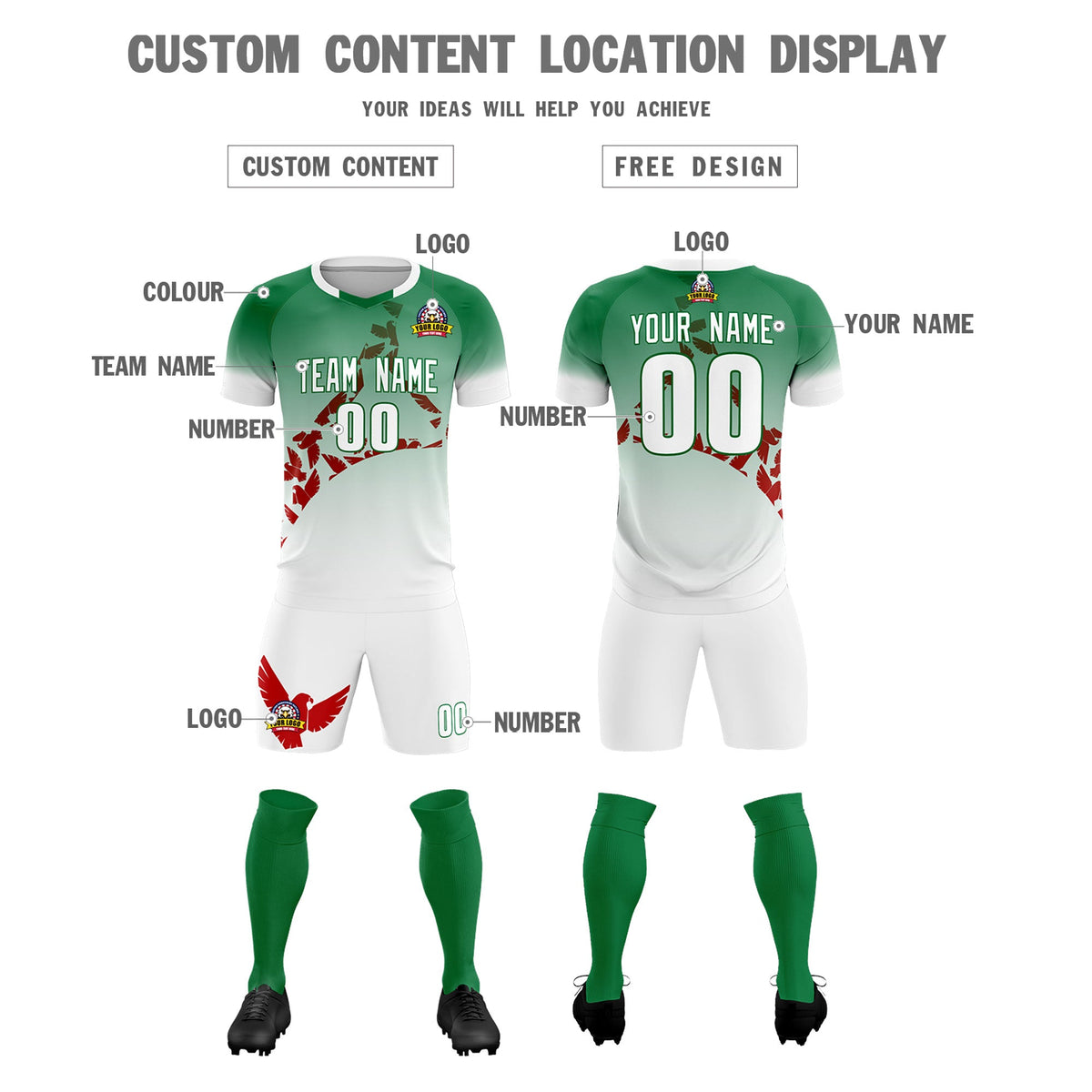 Custom Kelly Green Red Mexico Eagle World Cup Inspired Wrinkle-Resistant Gradient Fashion Soccer Sets Jersey