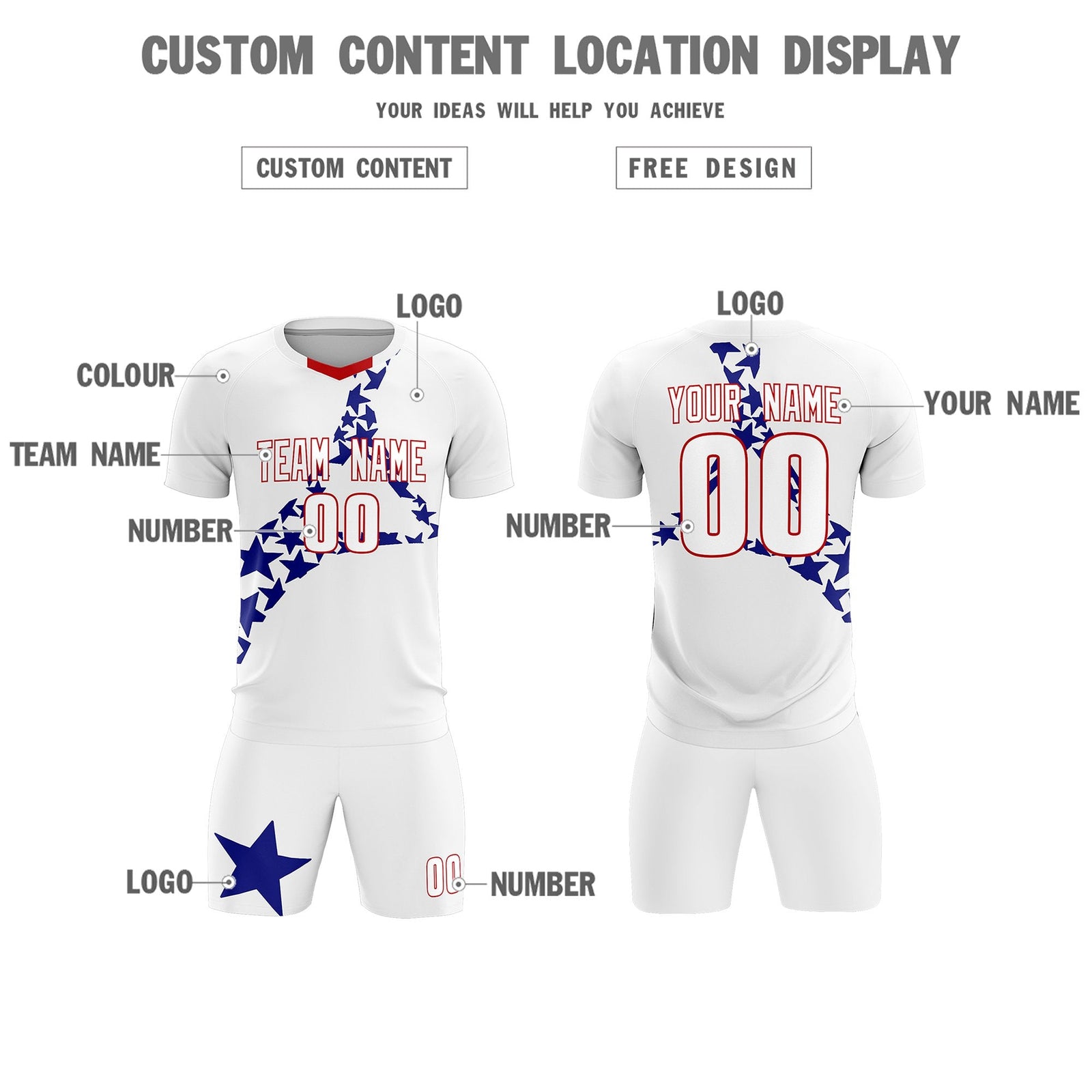 Custom White Royal America Star World Cup Inspired Drapable Graffiti Pattern Soccer Sets Jersey