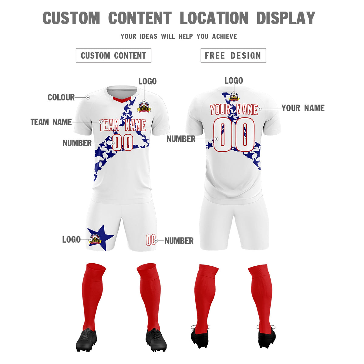 Custom White Royal America Star World Cup Inspired Drapable Graffiti Pattern Soccer Sets Jersey