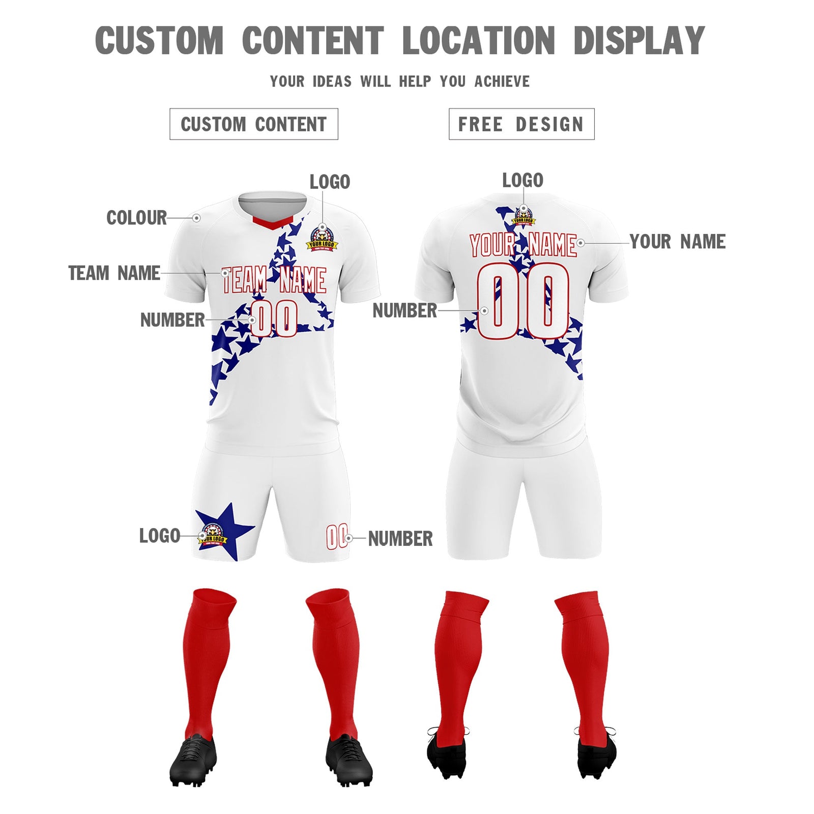 Custom White Royal America Star World Cup Inspired Drapable Graffiti Pattern Soccer Sets Jersey