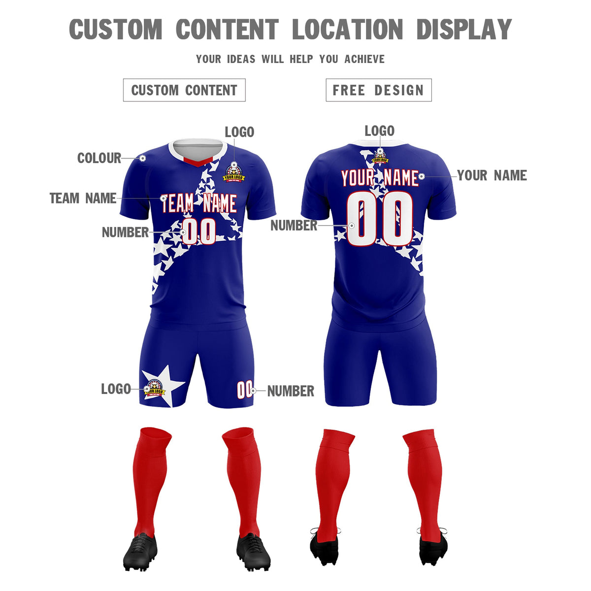 Custom Royal White America Star World Cup Inspired Breathable Graffiti Pattern Soccer Sets Jersey