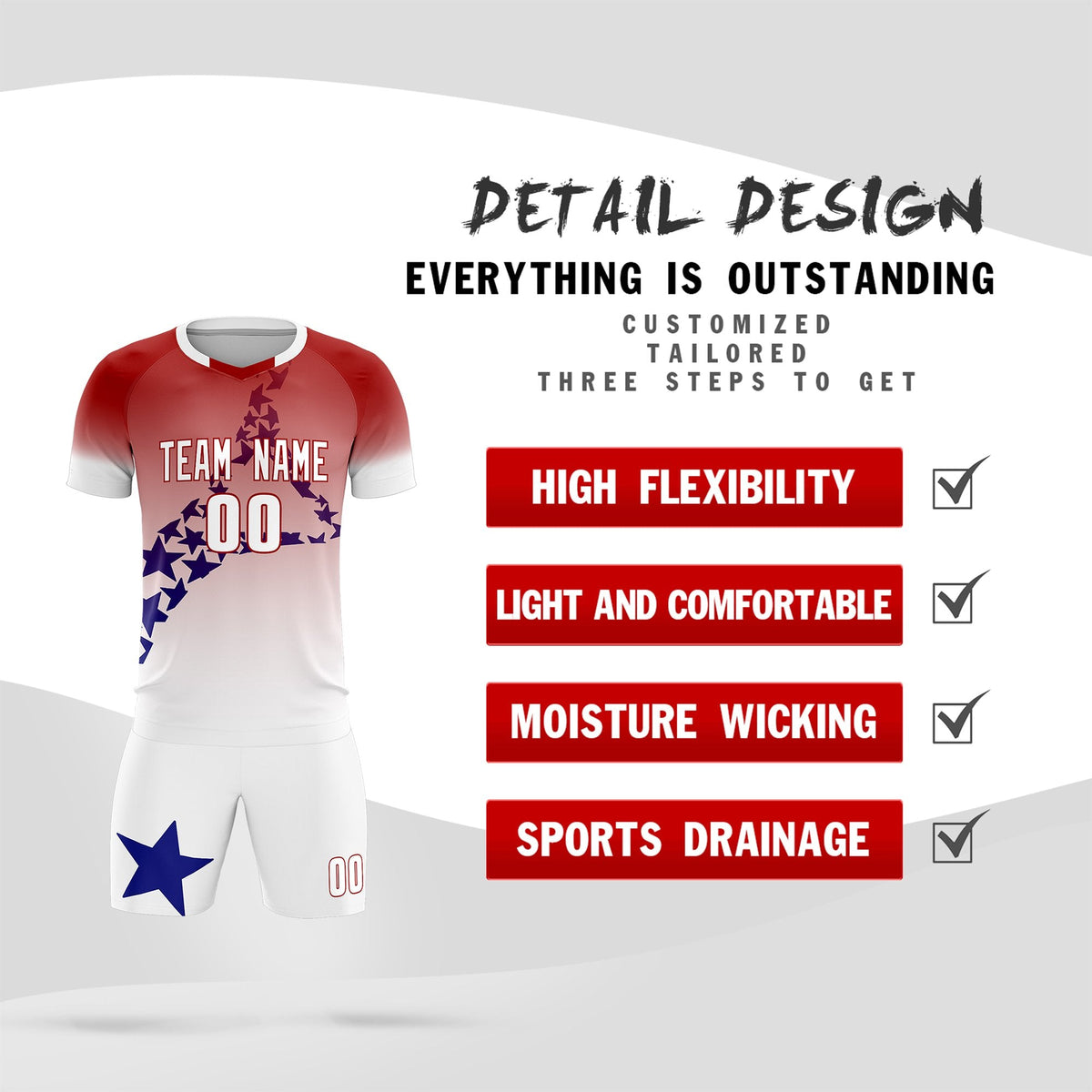 Custom Red Royal America Star World Cup Inspired Quick-Drying Gradient Fashion Soccer Sets Jersey