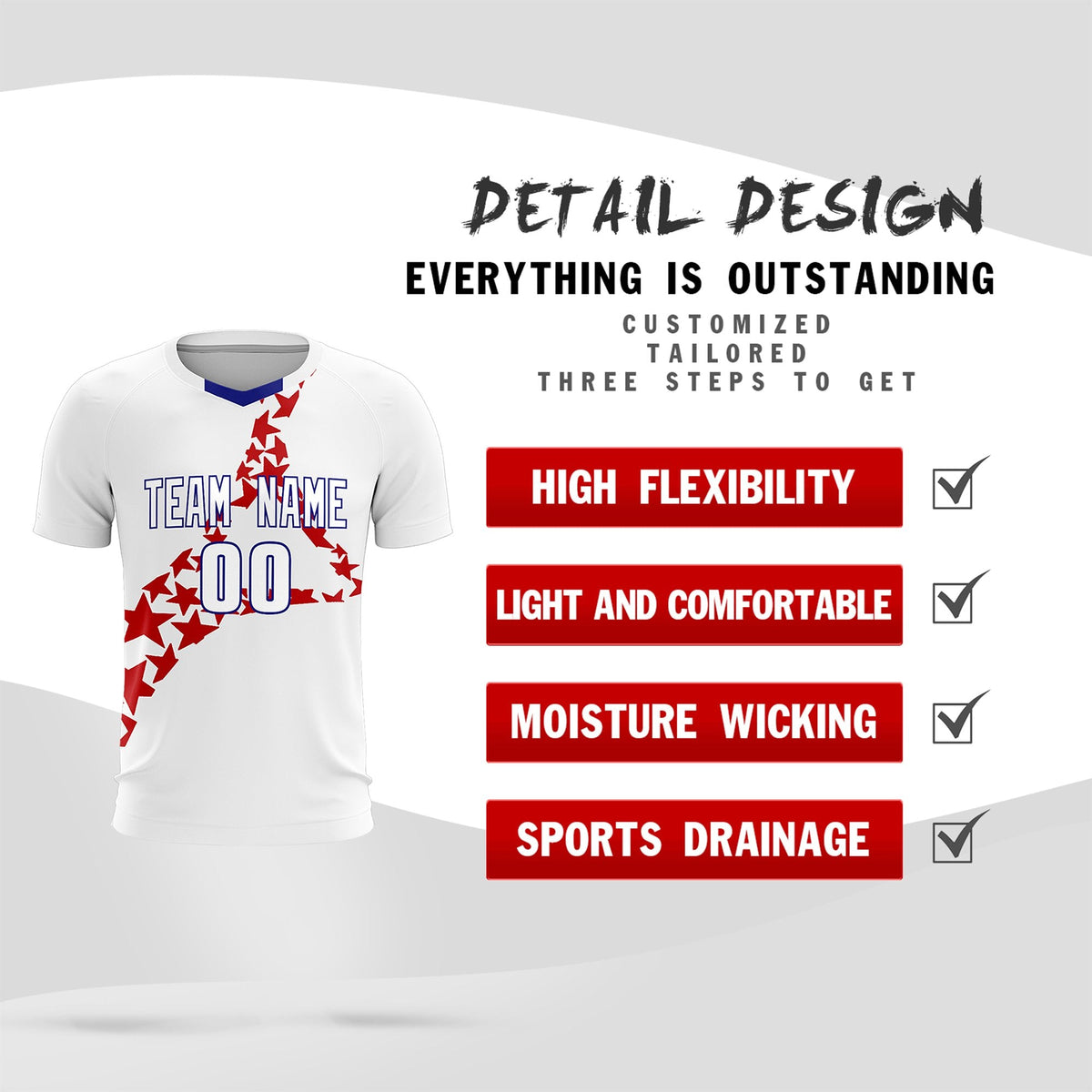 Custom White Red America Star World Cup Inspired Lightweight Graffiti Pattern Soccer Sets Jersey