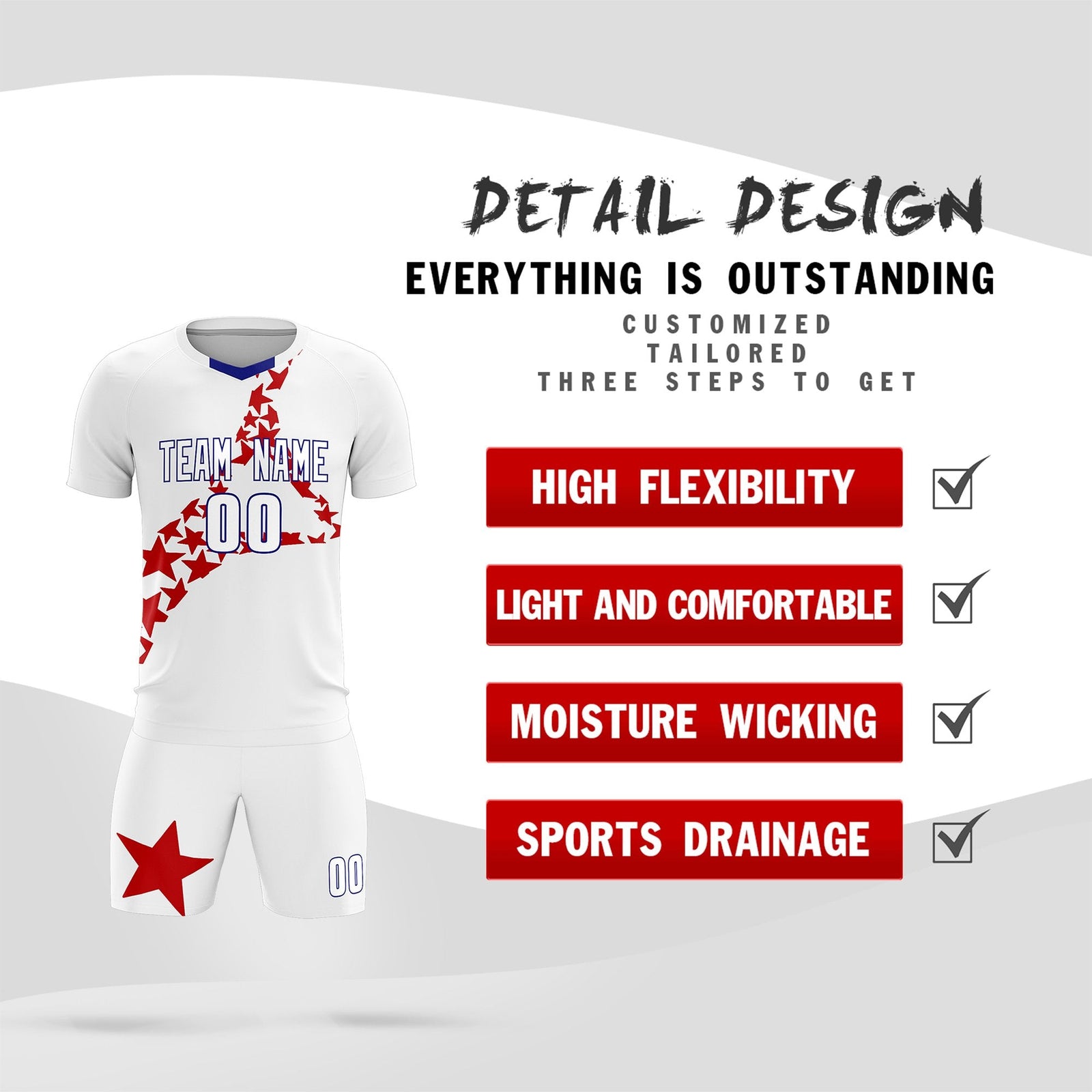 Custom White Red America Star World Cup Inspired Lightweight Graffiti Pattern Soccer Sets Jersey