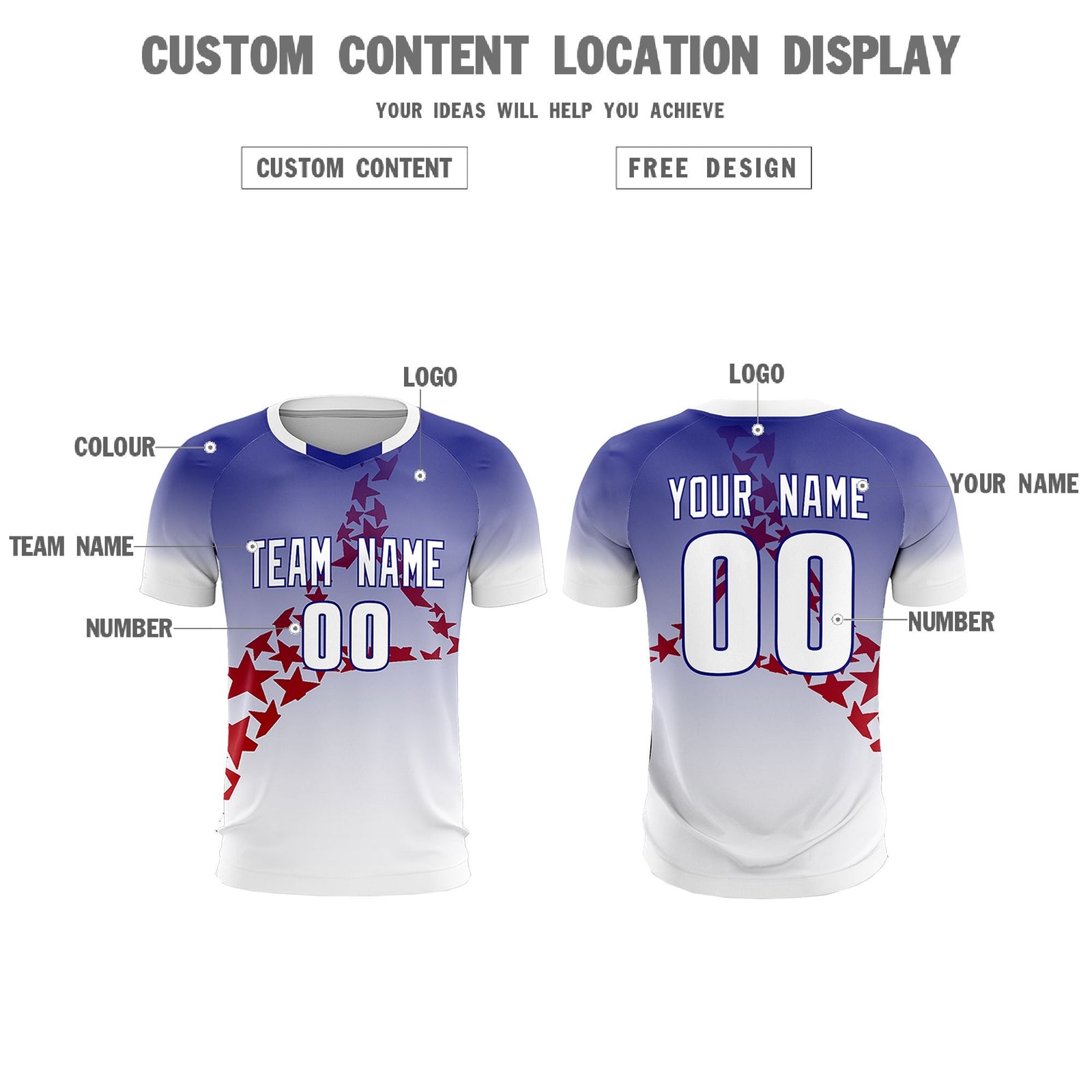Custom Royal Red America Star World Cup Inspired Drapable Gradient Fashion Soccer Sets Jersey