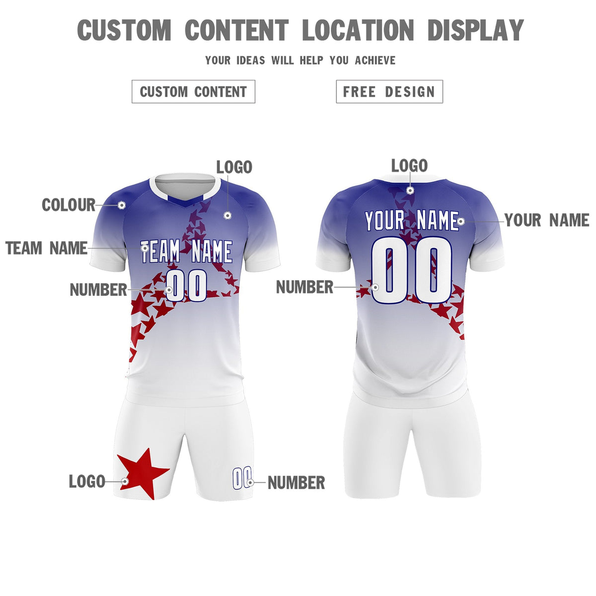 Custom Royal Red America Star World Cup Inspired Drapable Gradient Fashion Soccer Sets Jersey