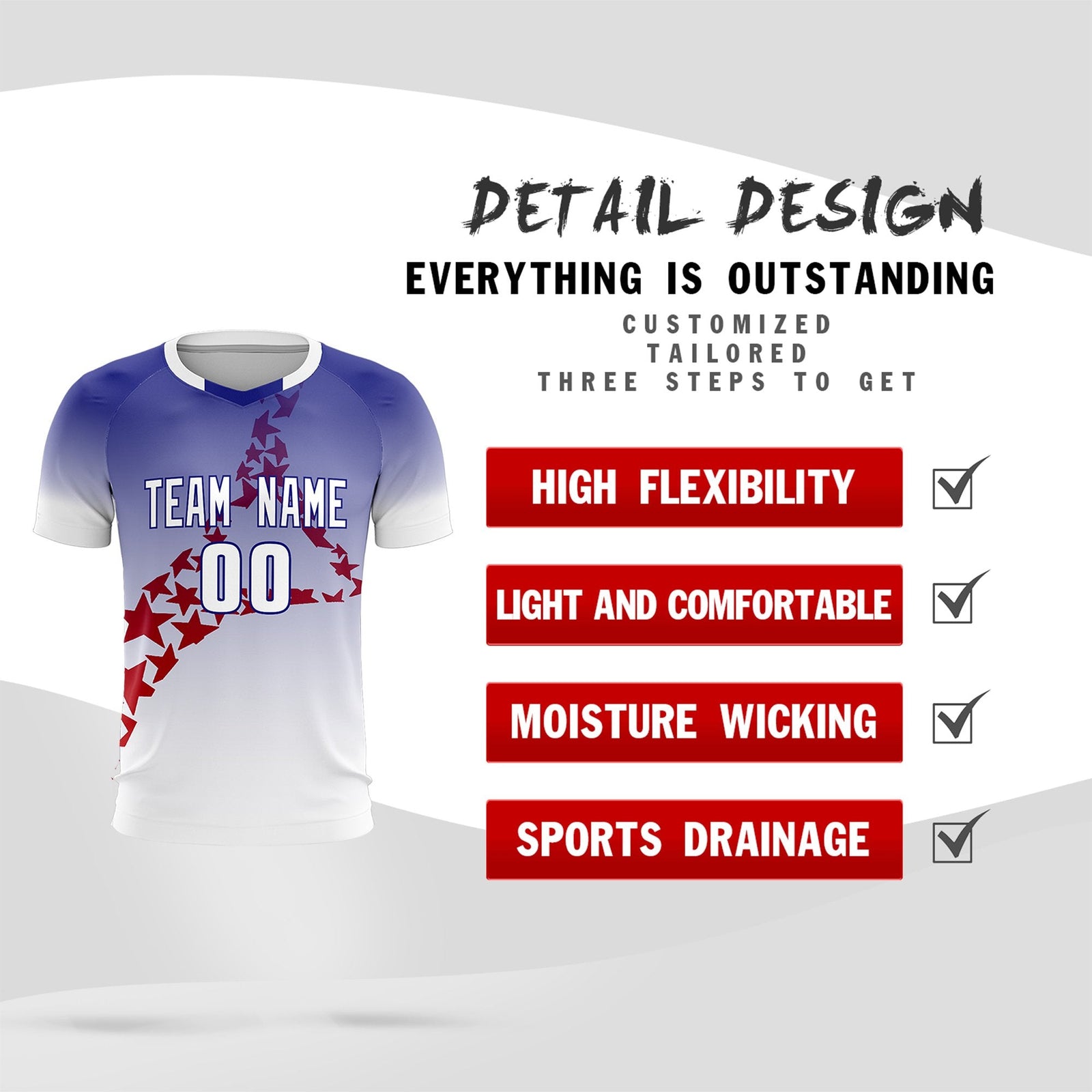 Custom Royal Red America Star World Cup Inspired Drapable Gradient Fashion Soccer Sets Jersey