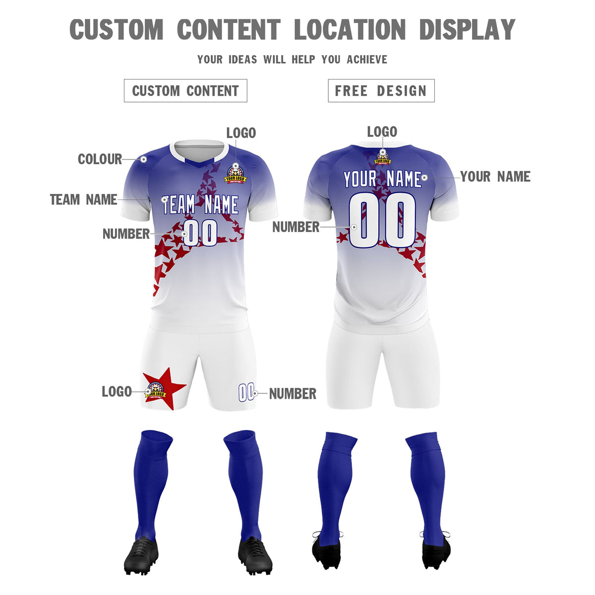 Custom Royal Red America Star World Cup Inspired Drapable Gradient Fashion Soccer Sets Jersey