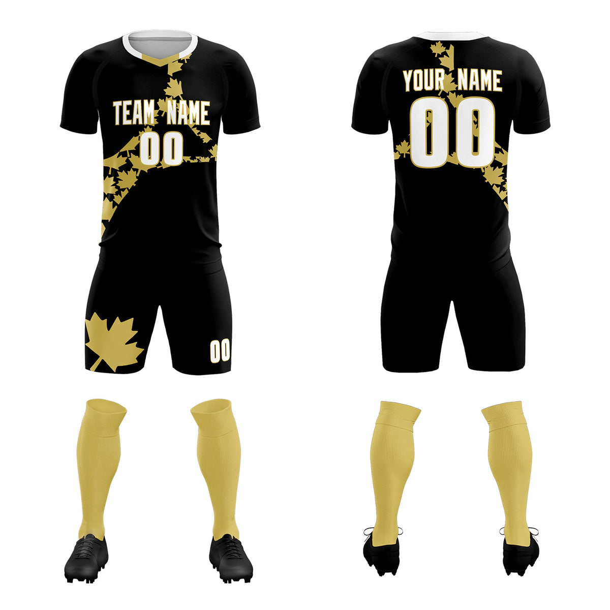 Custom Black Old Gold Canada Maple Leaves World Cup Inspired Breathable Graffiti Pattern Soccer Sets Jersey
