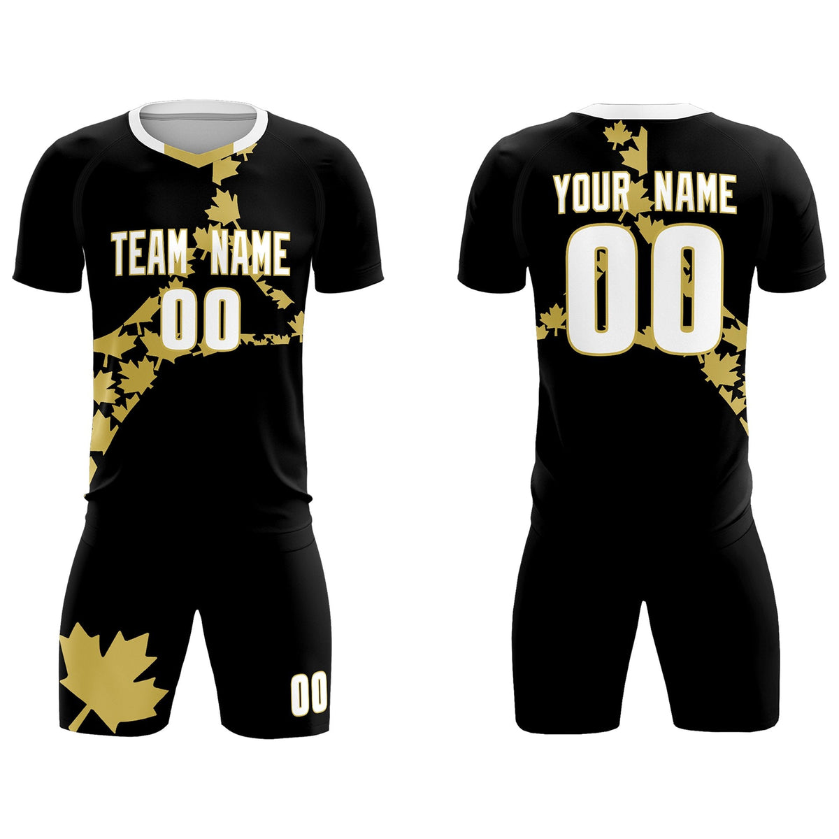 Custom Black Old Gold Canada Maple Leaves World Cup Inspired Breathable Graffiti Pattern Soccer Sets Jersey