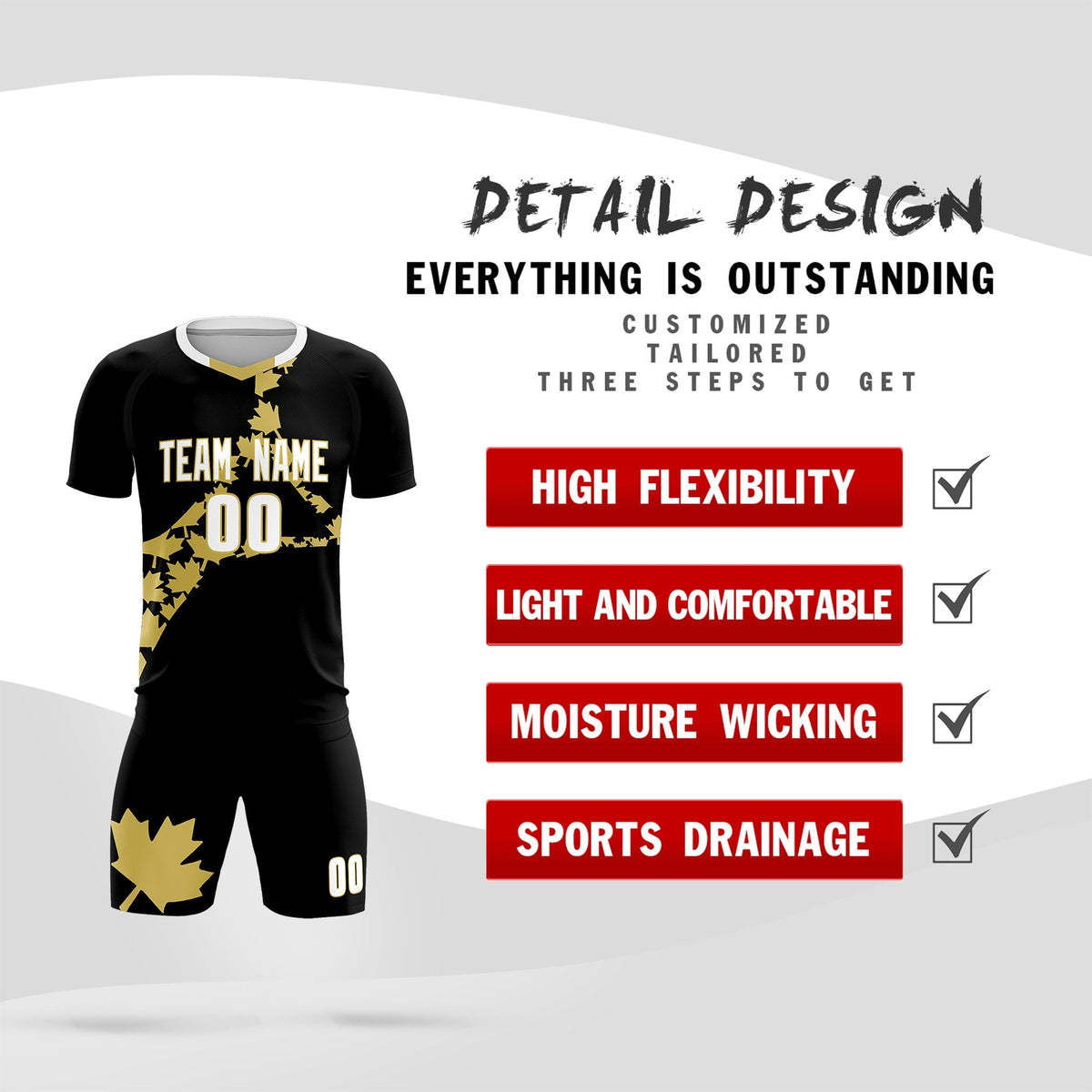 Custom Black Old Gold Canada Maple Leaves World Cup Inspired Breathable Graffiti Pattern Soccer Sets Jersey