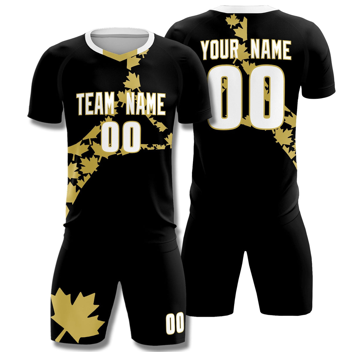 Custom Black Old Gold Canada Maple Leaves World Cup Inspired Breathable Graffiti Pattern Soccer Sets Jersey