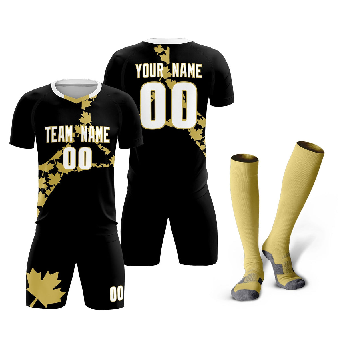 Custom Black Old Gold Canada Maple Leaves World Cup Inspired Breathable Graffiti Pattern Soccer Sets Jersey
