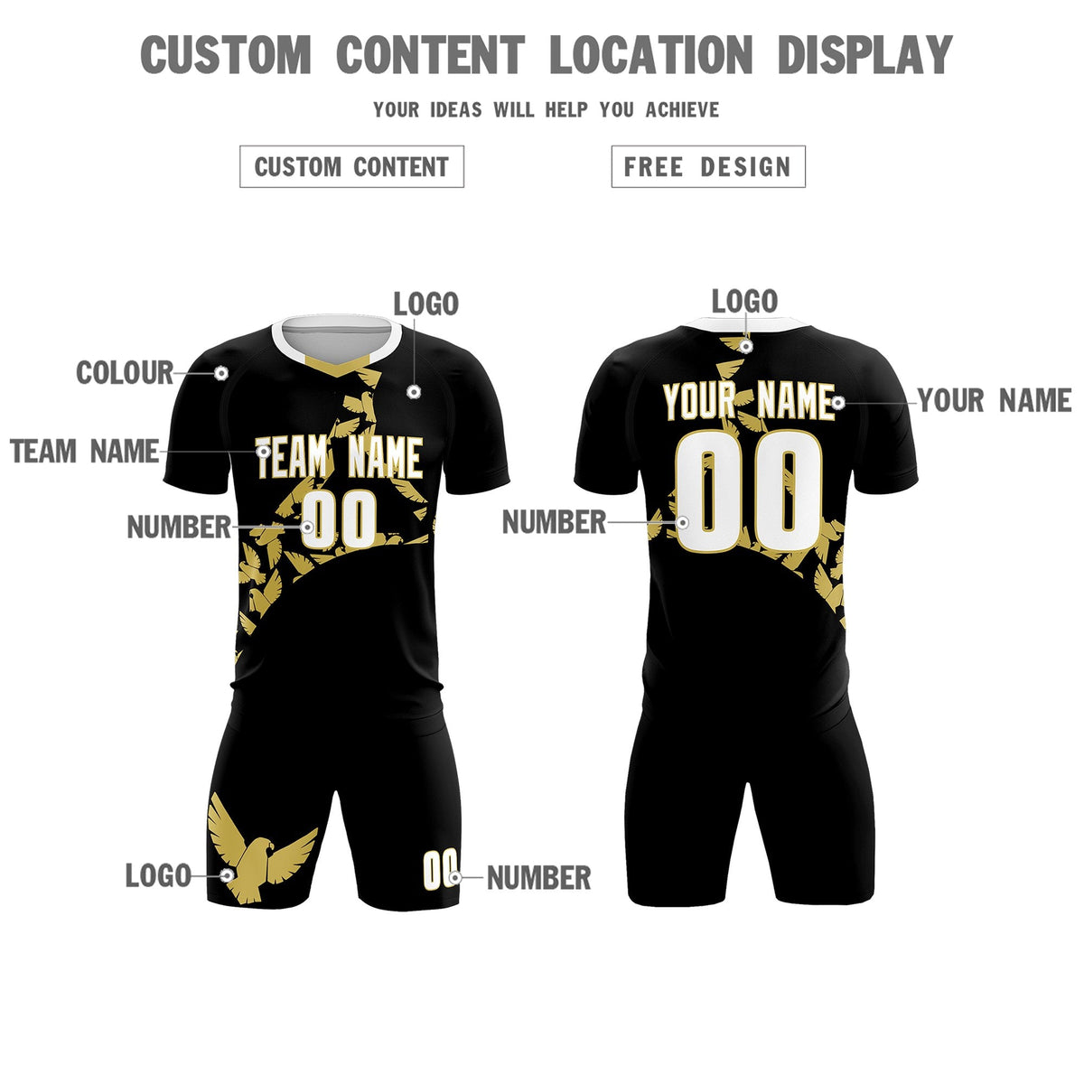 Custom Black Old Gold Mexico Eagle World Cup Inspired Quick-Drying Graffiti Pattern Soccer Sets Jersey