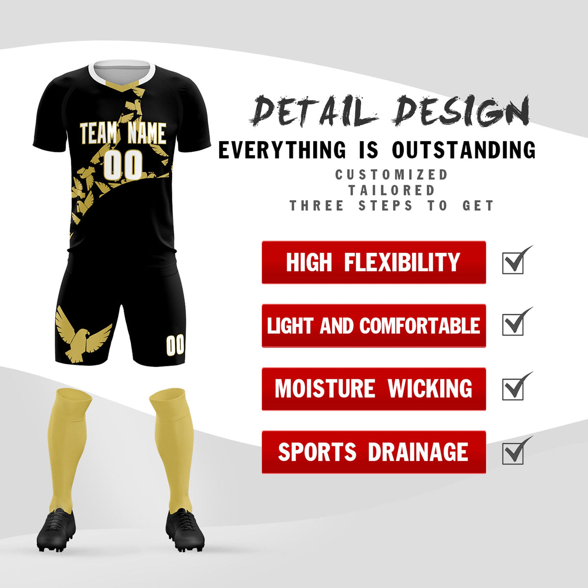 Custom Black Old Gold Mexico Eagle World Cup Inspired Quick-Drying Graffiti Pattern Soccer Sets Jersey