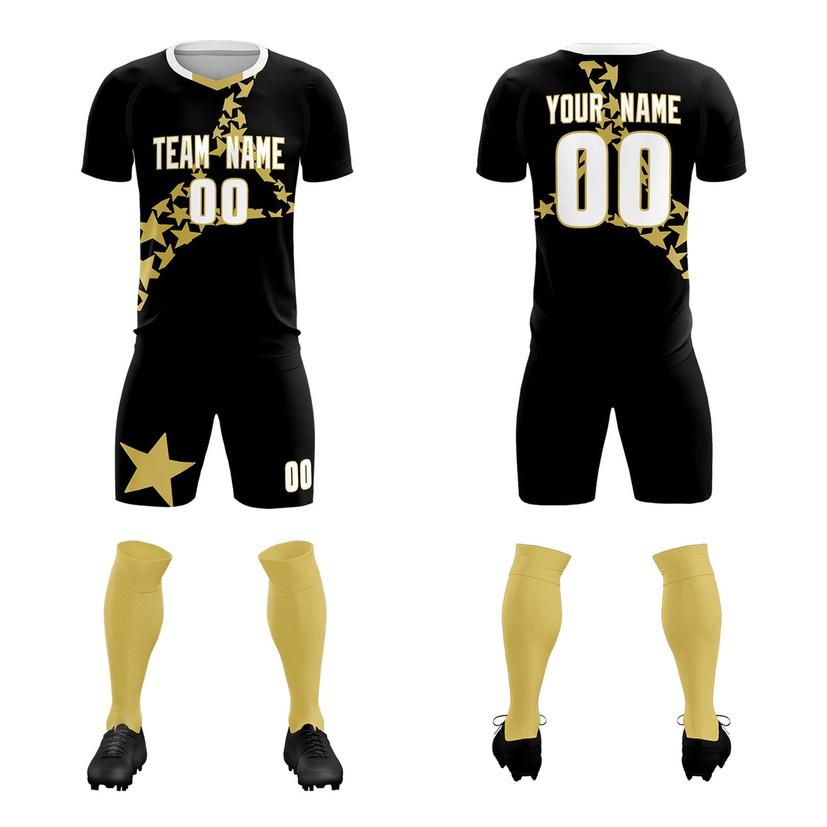 Custom Black Old Gold America Star World Cup Inspired Lightweight Graffiti Pattern Soccer Sets Jersey