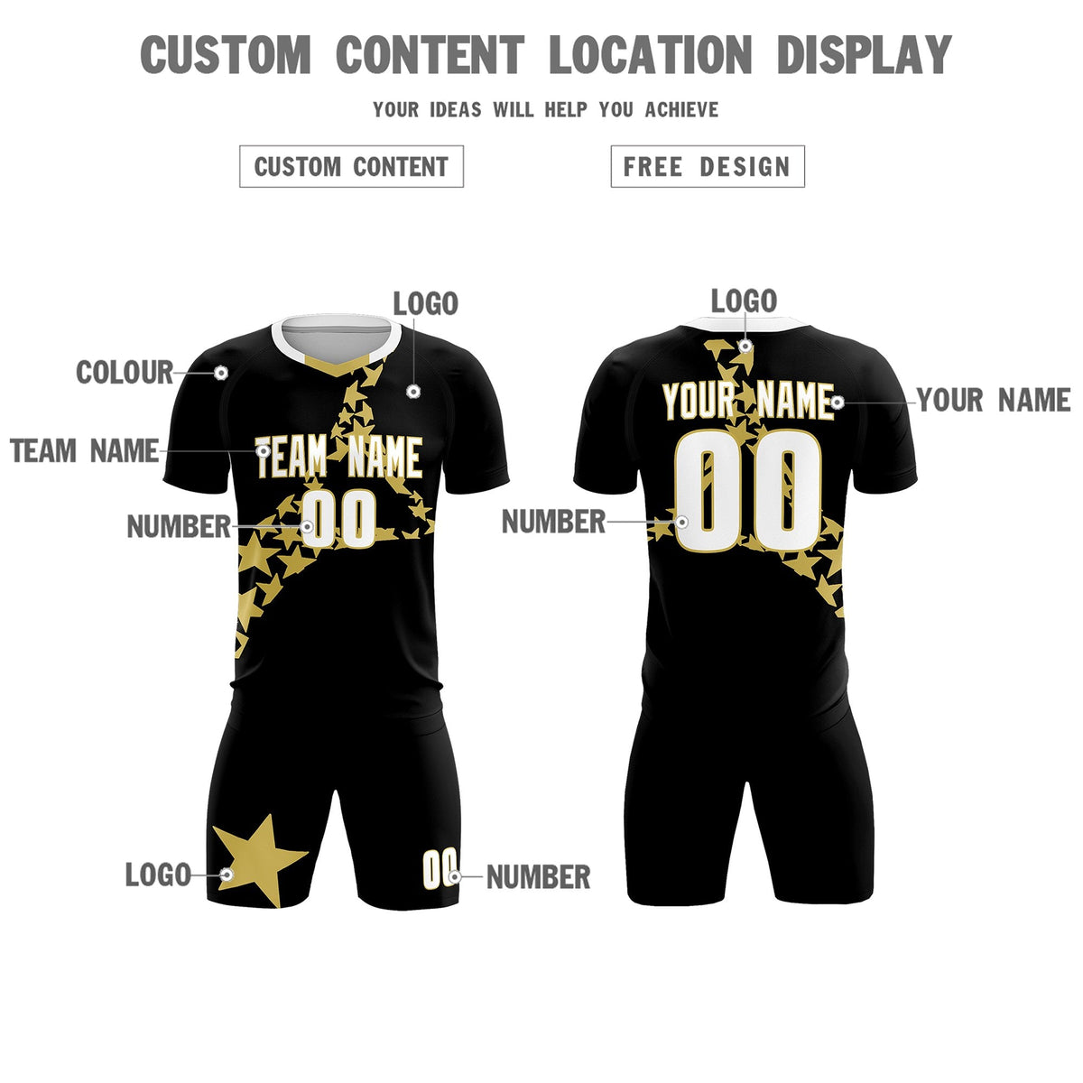 Custom Black Old Gold America Star World Cup Inspired Lightweight Graffiti Pattern Soccer Sets Jersey