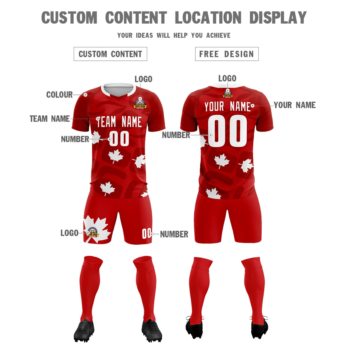 Custom Red Canada Maple Leaves World Cup Inspired Wrinkle-Resistant Graffiti Pattern Soccer Sets Jersey