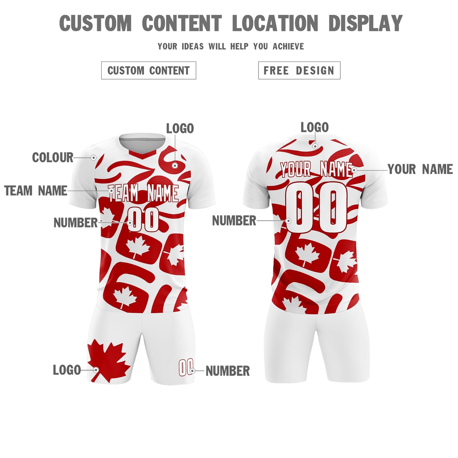 Custom White Canada Maple Leaves World Cup Inspired Drapable Graffiti Pattern Soccer Sets Jersey