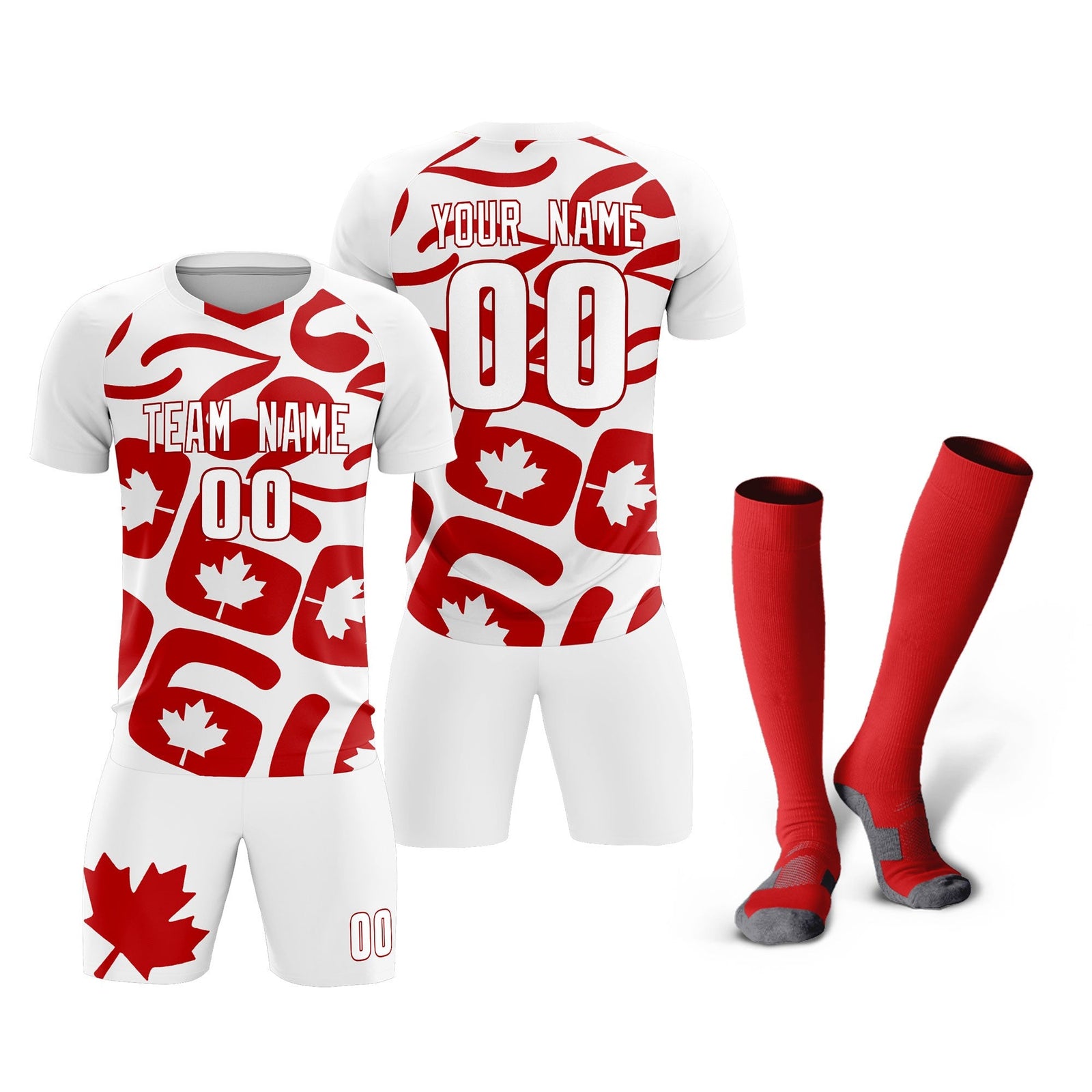 Custom White Canada Maple Leaves World Cup Inspired Drapable Graffiti Pattern Soccer Sets Jersey
