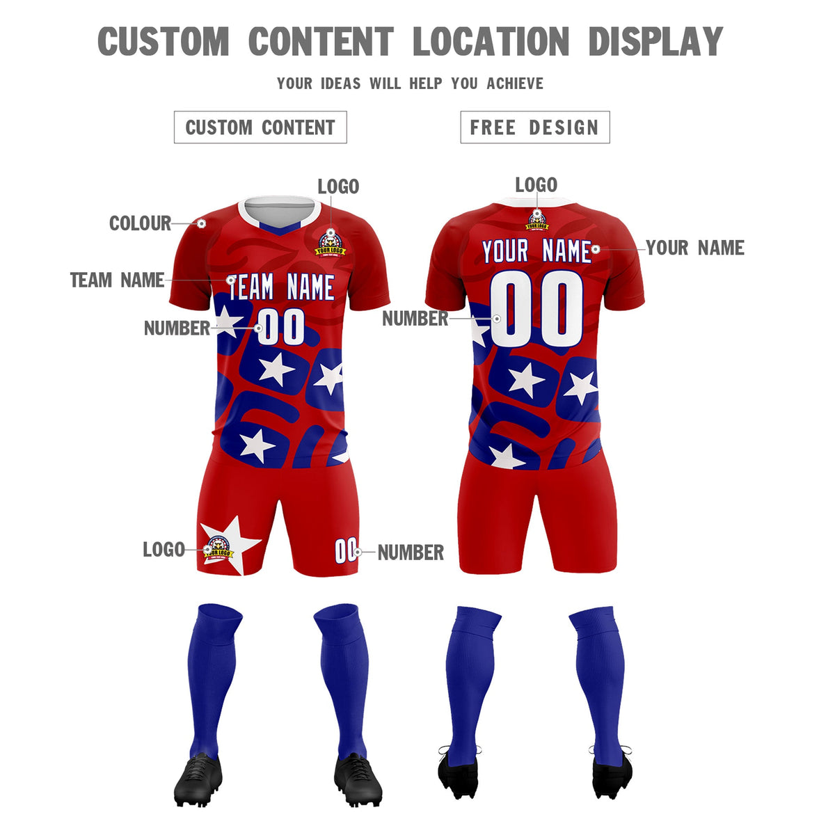 Custom Red America Star World Cup Inspired Breathable Graffiti Pattern Soccer Sets Jersey