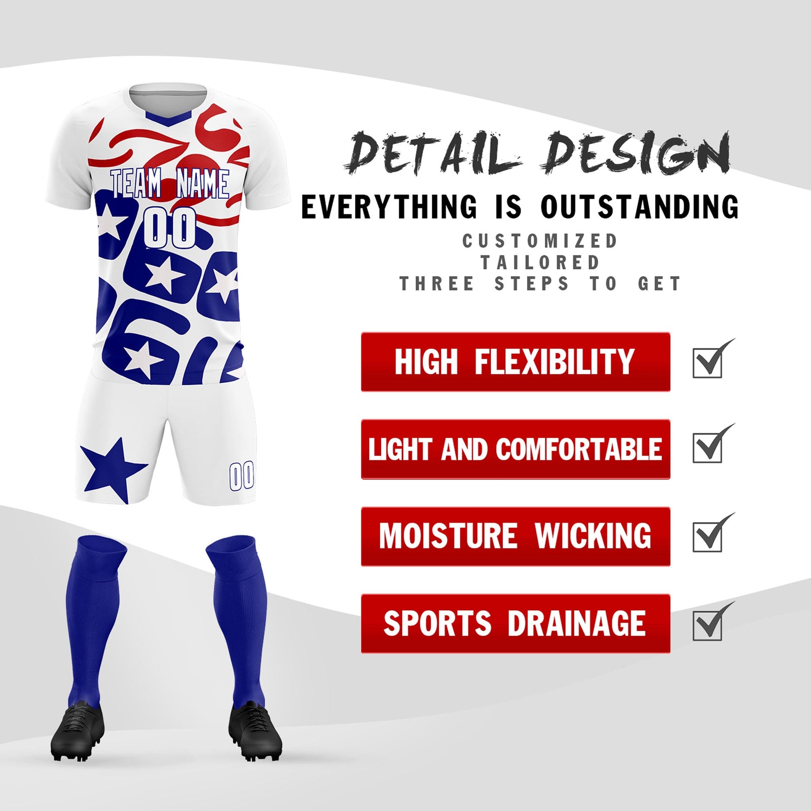 Custom White America Star World Cup Inspired Quick-Drying Graffiti Pattern Soccer Sets Jersey