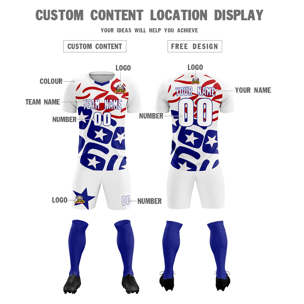 Custom White America Star World Cup Inspired Quick-Drying Graffiti Pattern Soccer Sets Jersey