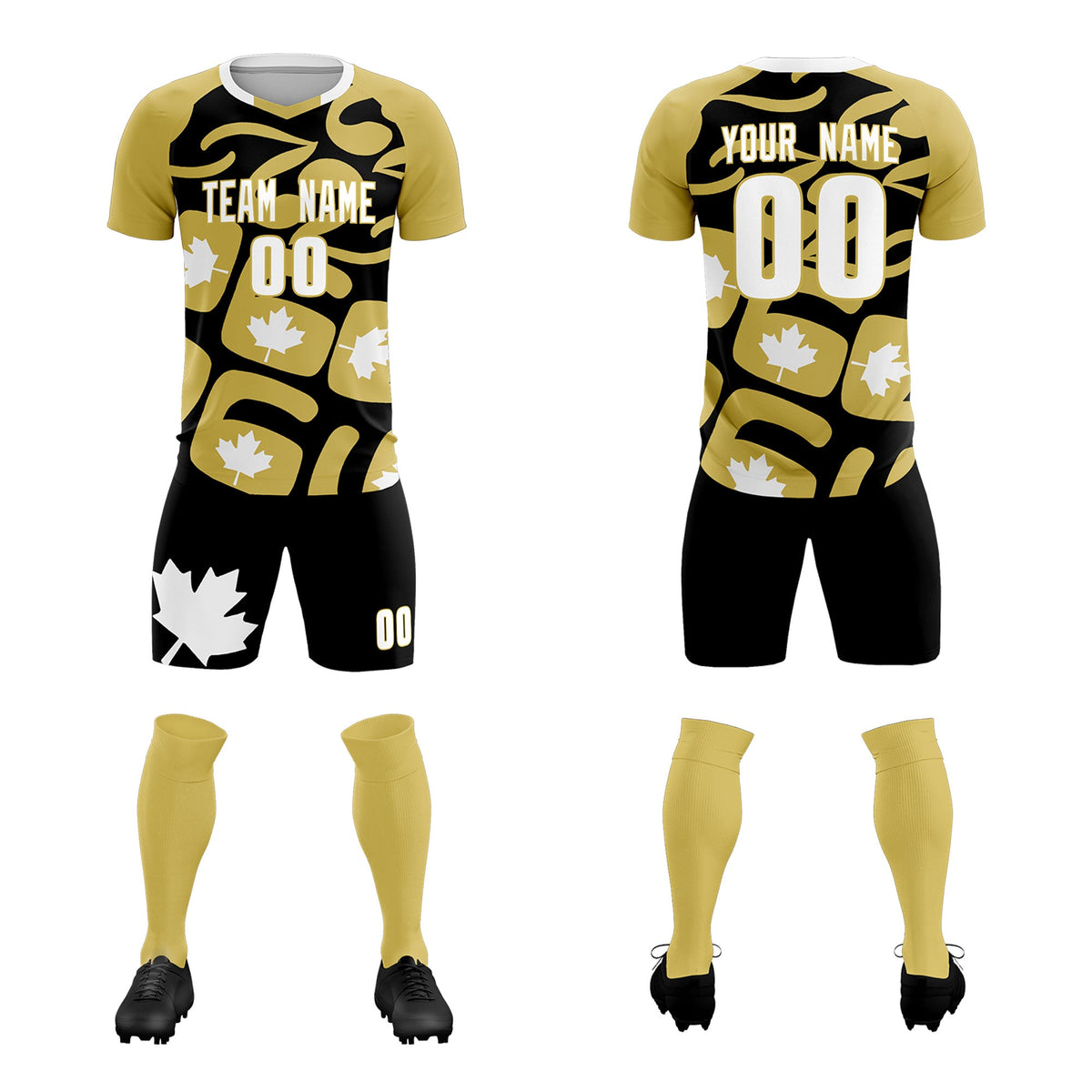 Custom Old Gold Black Canada Maple Leaves World Cup Inspired Drapable Graffiti Pattern Soccer Sets Jersey